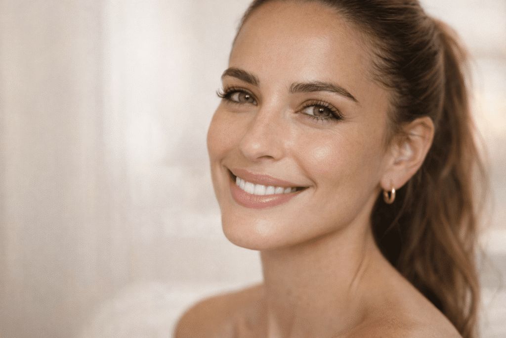 Mujer sonriente con piel radiante y cabello recogido, mostrando un look natural y fresco.